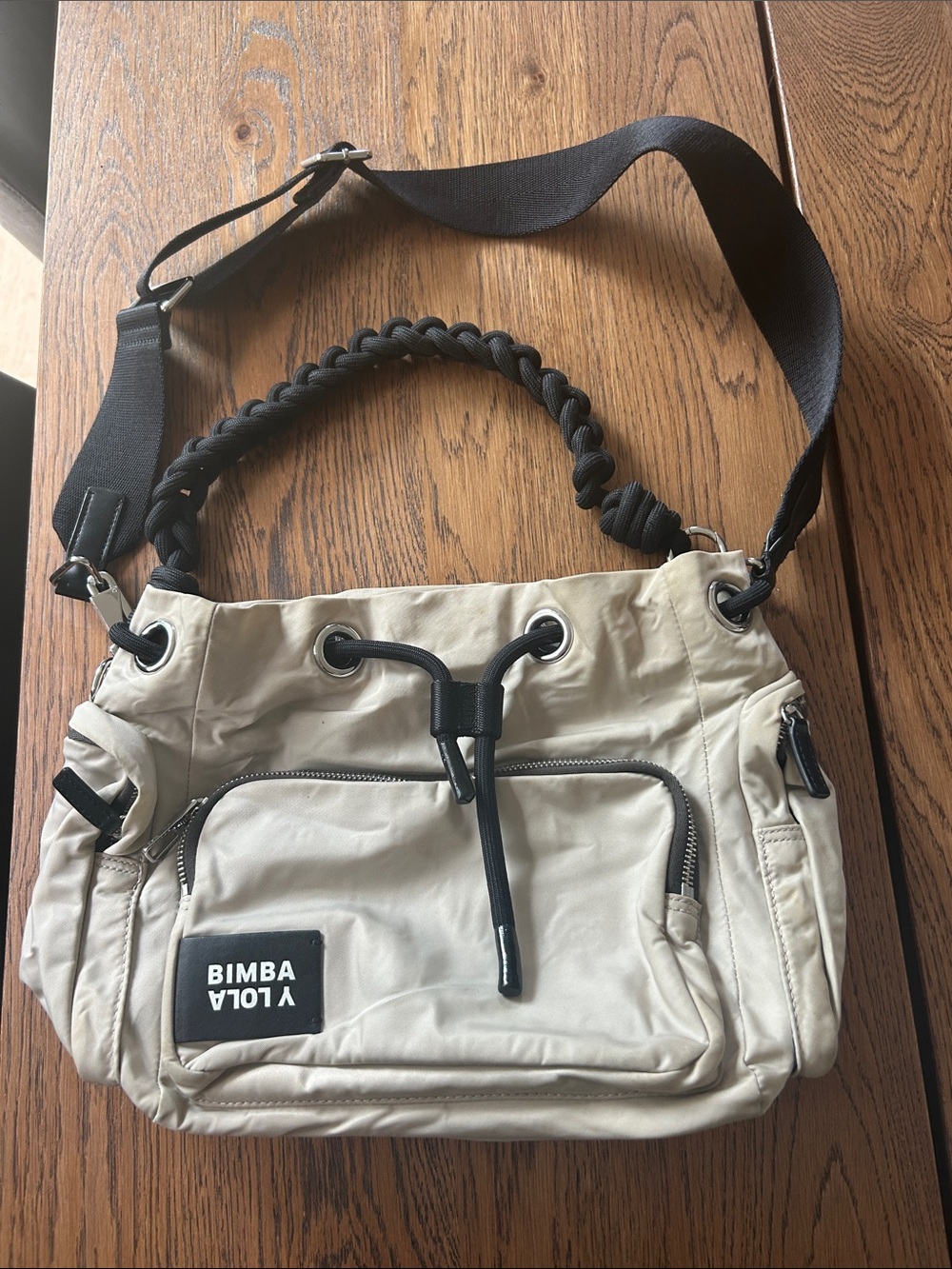 Bimba Y Lola Cream Drawstring Shoulder Bag with Black Accents